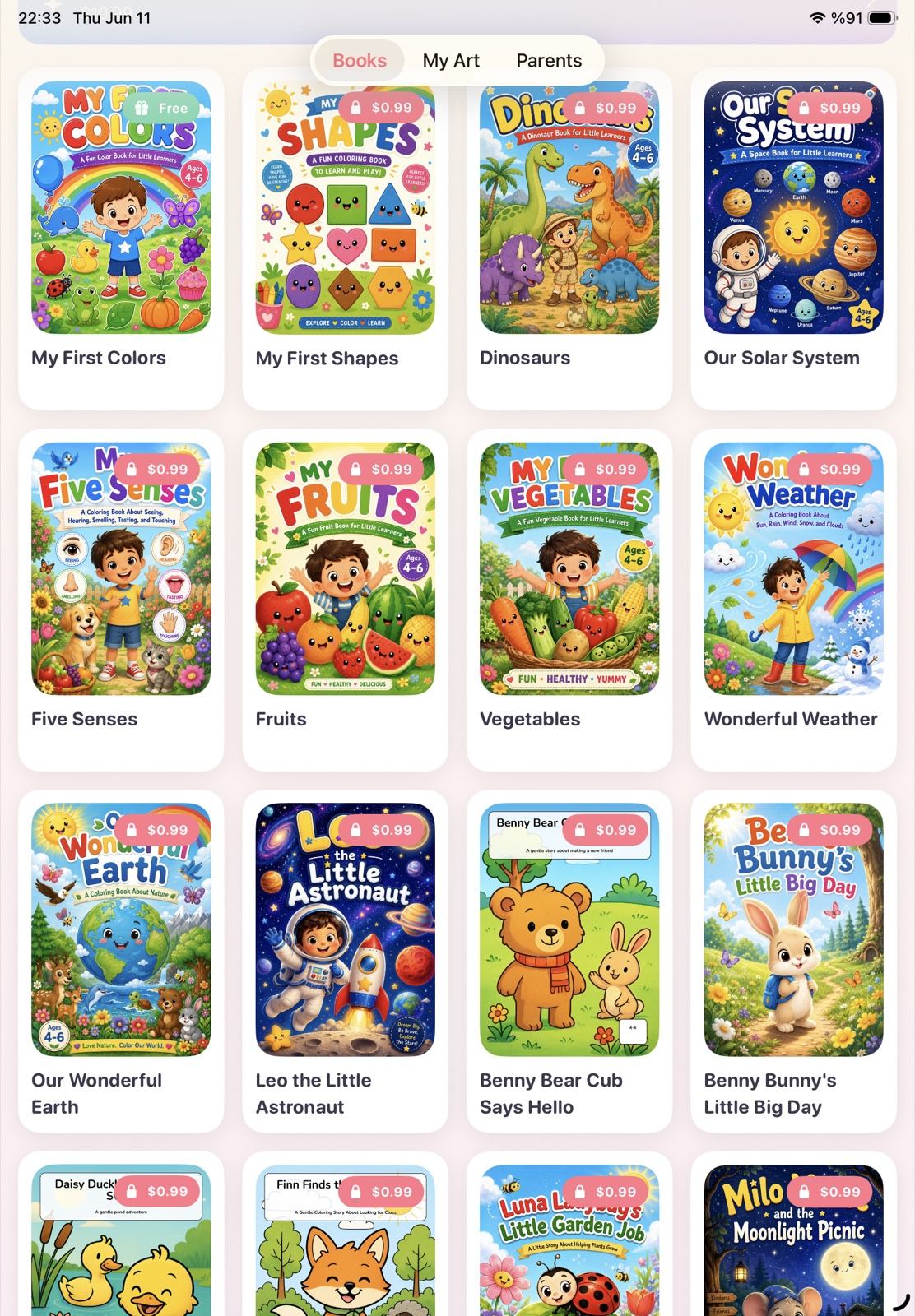 The Lil Colors library on iPad showing many coloring books